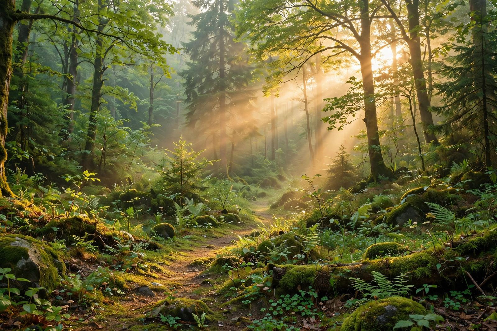 Warm sunlight streaming through green forest trees