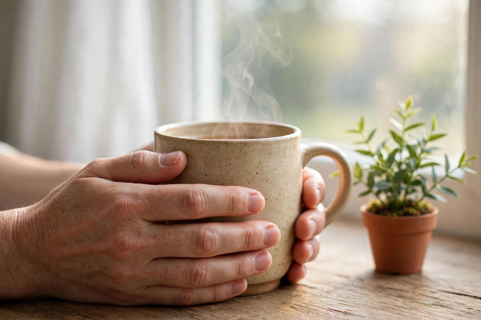 Hands holding a warm mug in soft morning light