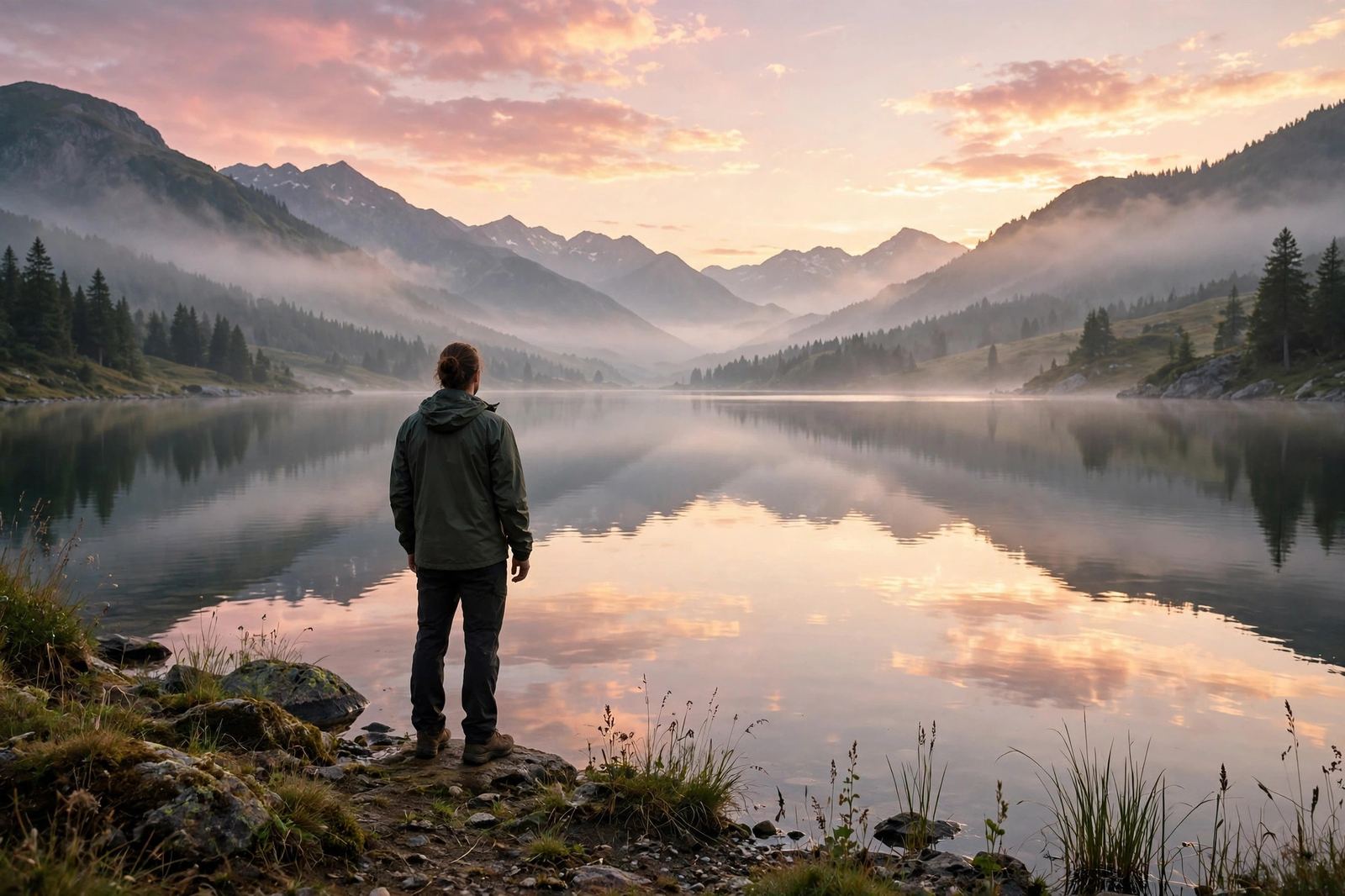 A person standing by a calm lake at dawn, a fresh start