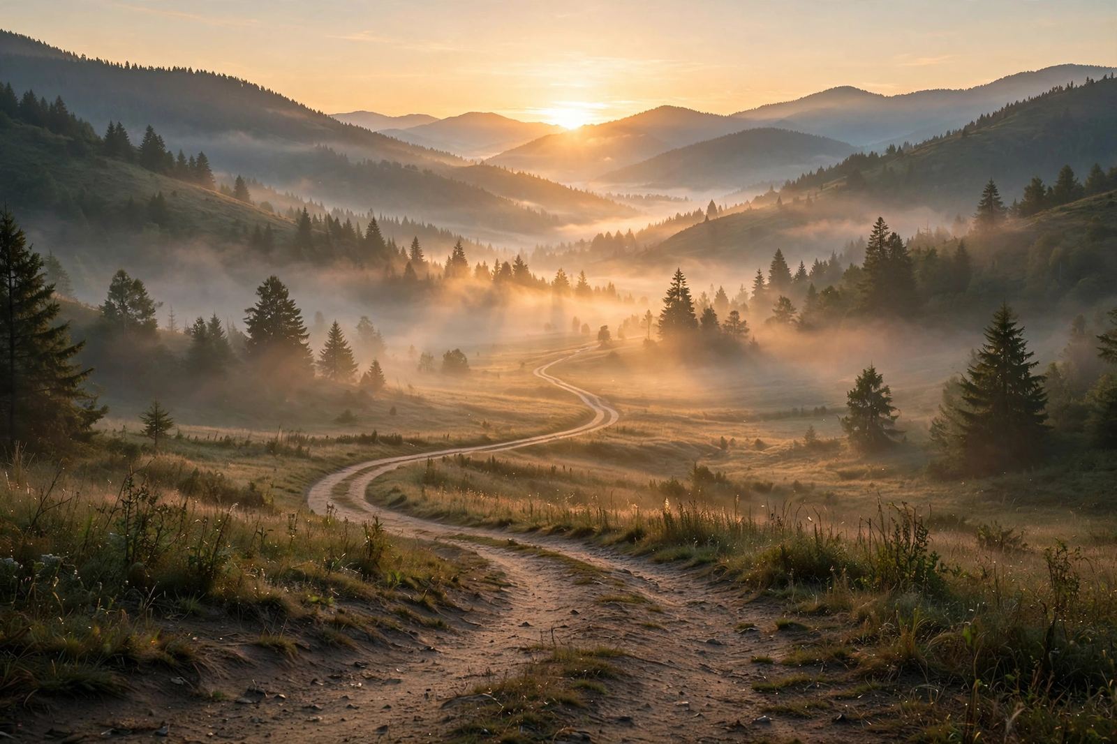Sunrise over a quiet mountain valley, a path leading toward the light